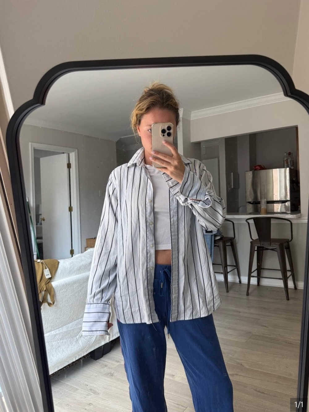 Aritzia Blue and White Striped Long Sleeve Shirt